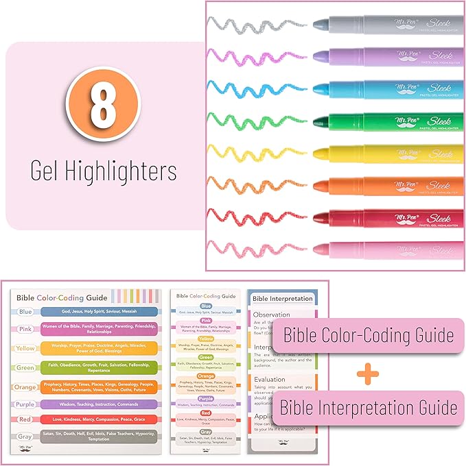 Mr. Pen- Gel Highlighter, 8 Pack, Assorted Colors, Bible Highlighters No Bleed with Bible Color Coding and Interpretation Guide, No Bleed Highlighters, Bible Highlighter, Bible Markers