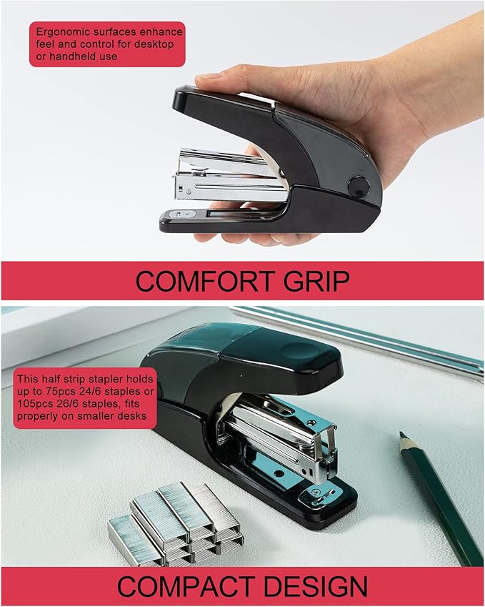 PAPERPAL Effortless Standard Stapler Set, 20 Sheet Capacity, Half Strip, Built-in Staples Storage, Holds 1/4" Staples, Includes 1000 Staples and A Staple Remover, Office, School & Personal Use, Black