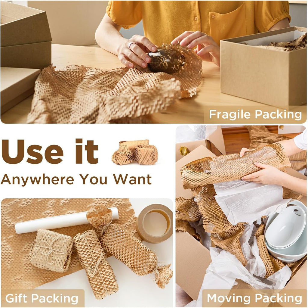 Honeycomb Packing Paper, 12"x50' Brown | Perforated Honeycomb Packing Paper Recyclable Moving Supplies for Shipping & Moving | Plastic-Free Alternative to Bubble Cushion Wrap with 36 Fragile Stickers