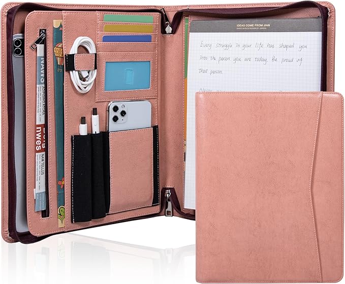 Business Vegan Leather Folder with Clipboards, Portfolio Binder Organizer, Business Portfolio for Men/Women, Zipper Portfolio Notebook, Binder with clipboard, Personalized Gift for Friends, Pink