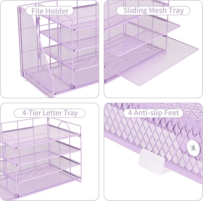 OPNCIE Desk Organizers and Accessories, 4 Tier Paper Letter Tray File Organizer, Office Organization Storage Desk Accessories Workspace Desktop Organizer for Classroom Office Supplies Decor, Purple