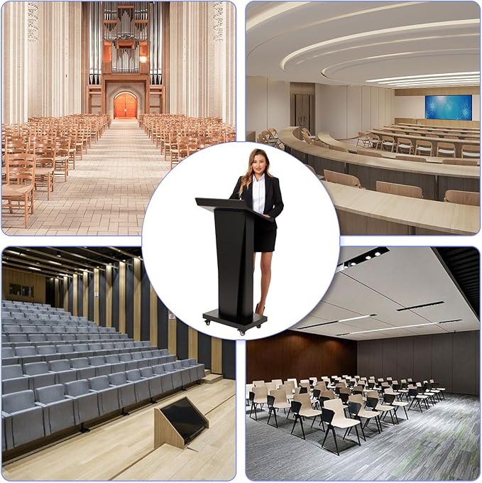 Podium Stand with 4 Locking Wheels, Lecterns & Podiums for Church School Office Conference Home, Heavy Duty Metal, Large Storage Area, Slant Desktop, 50.4" H