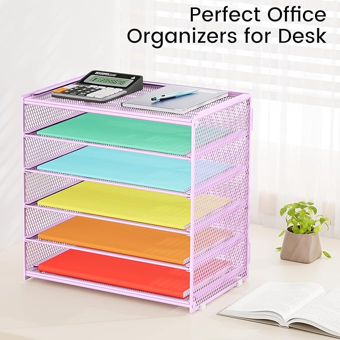 6 Tier Paper Organizer, Metal Mesh Desk File Organizer, Letter Tray Organizer, Paper Sorter Desk Organizer for Office, Home or School File Folder Holder - Purple