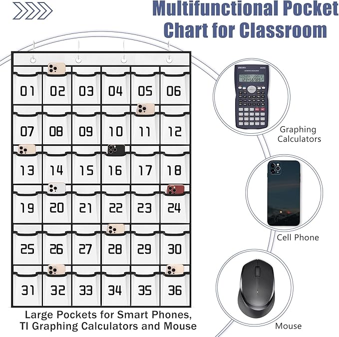 Loghot Numbered Classroom Sundries Closet Pocket Chart for Cell Phones Holder Wall Door Hanging Organizer (36 Pockets White)