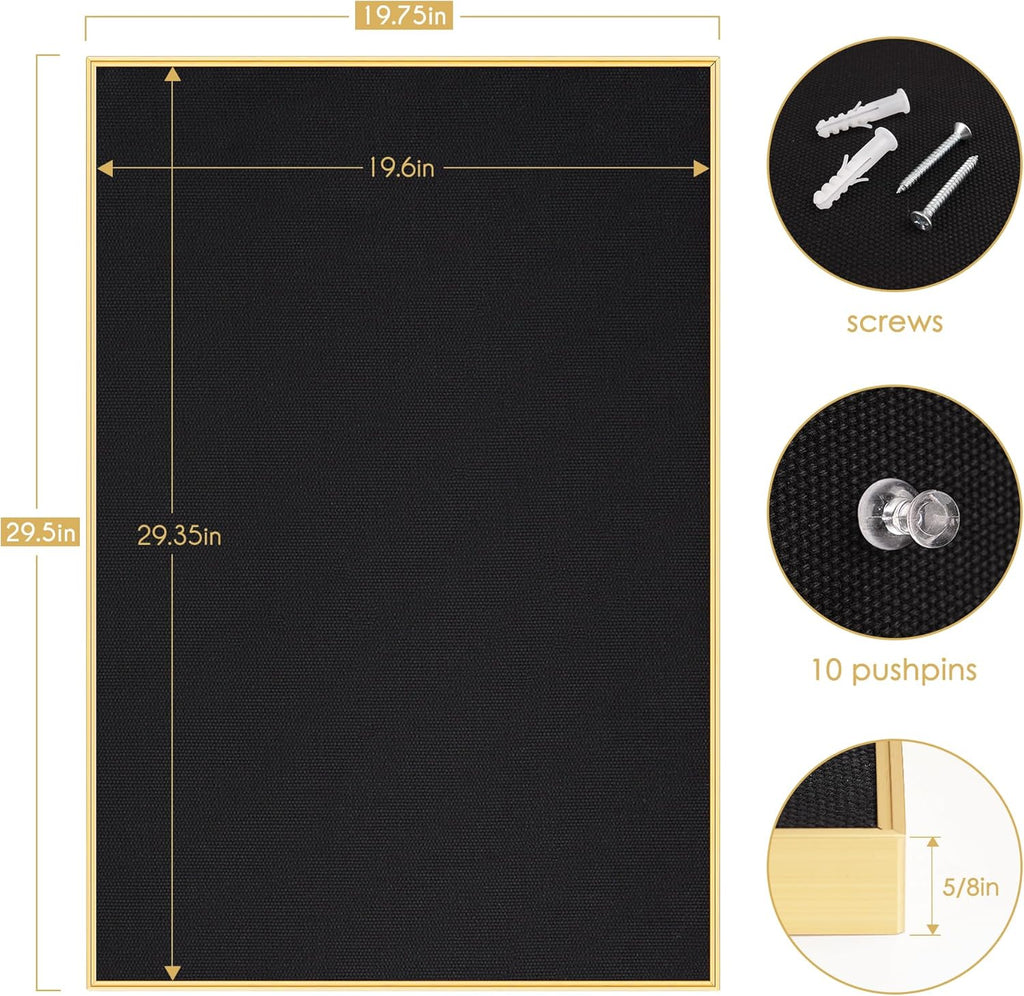 Bulletin Board 30 x 20 inches, Black Pin Board, Golden Aluminum Framed Fabric Cork Board with 10 Push Pins