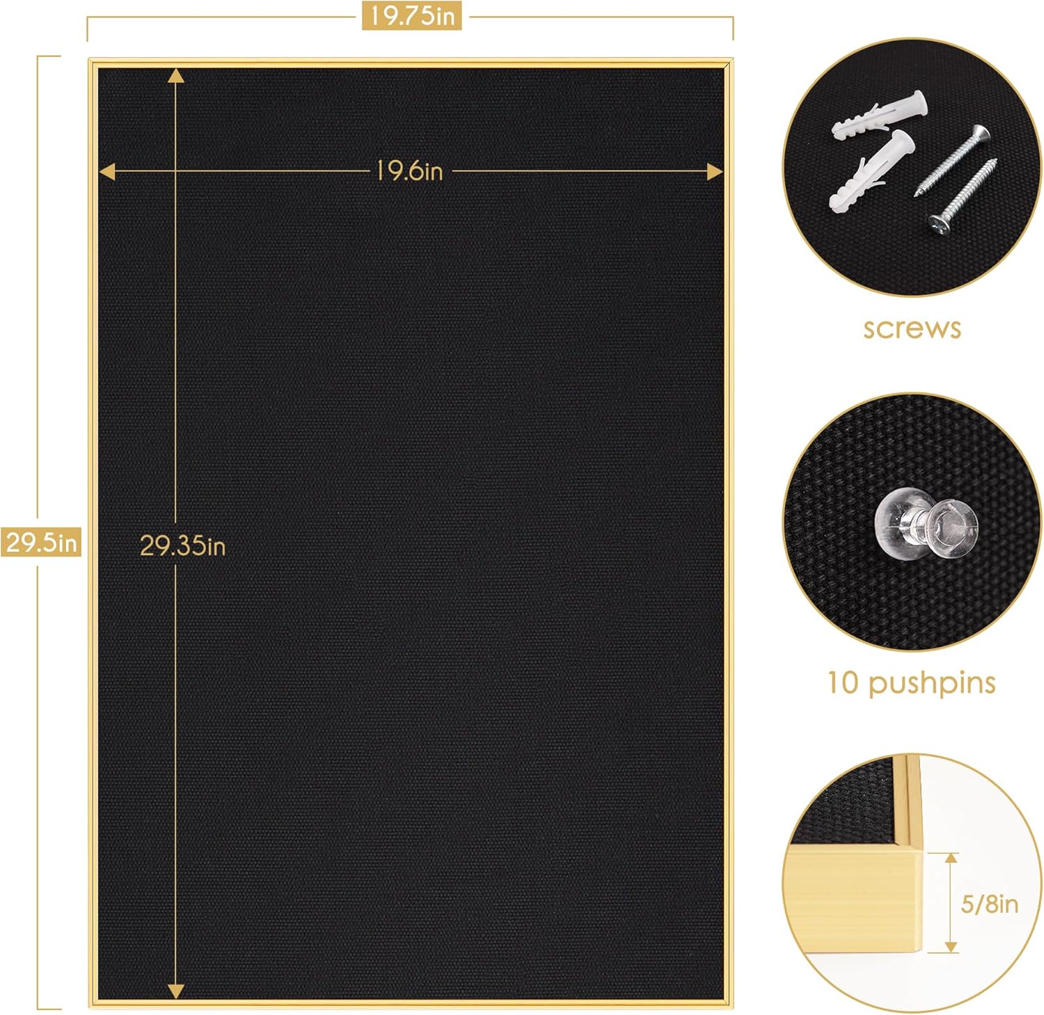 Bulletin Board 30 x 20 inches, Black Pin Board, Golden Aluminum Framed Fabric Cork Board with 10 Push Pins