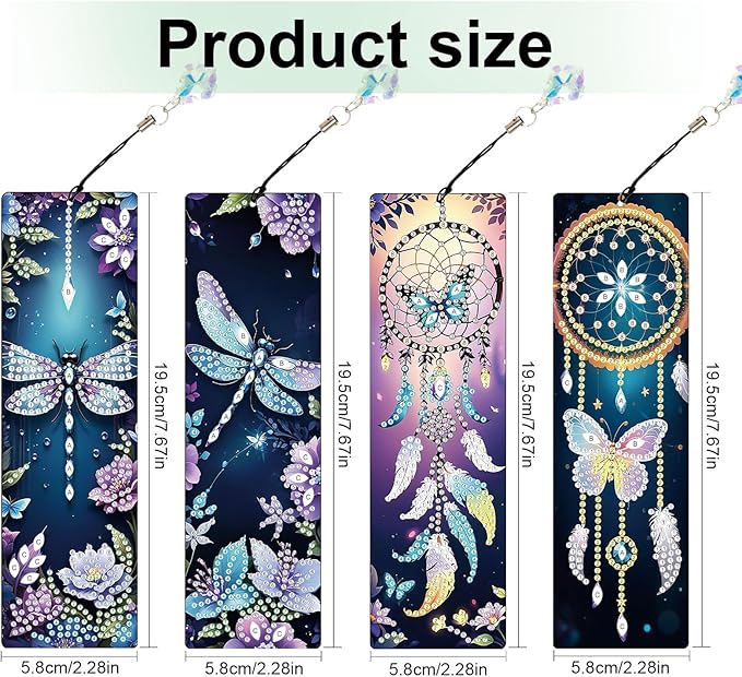 4 Pieces Dream Catcher Diamond Art Bookmarks Dragonfly Butterfly 5D Diamond Art Bookmark Tassel Beaded Book Mark for Graduation Birthday Reading Present DIY Making Beginners Adults Arts Craft Supplies