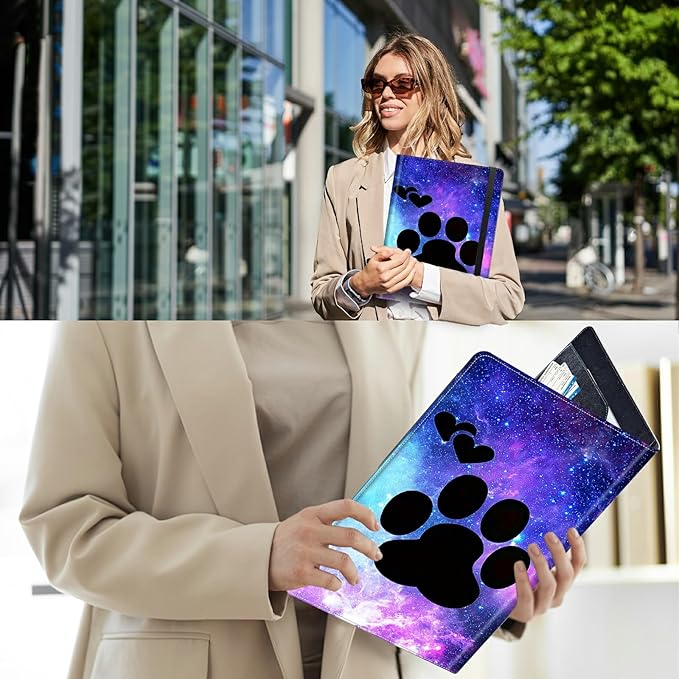 PU Leather Padfolio Folder Clipboard Portfolios Organizer Conference Document Organizer with Business Card Holder Storage Clipboard Writing Pad,Animals Dog Paws Galaxy