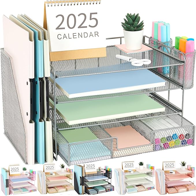 gianotter Paper Organizer with File Holder for Desk, 4 Tier Letter Tray Office Desk Organizers and Accessories - Workspace Drawer 2 Pen Supplies (Grey), Gray, 4T-2