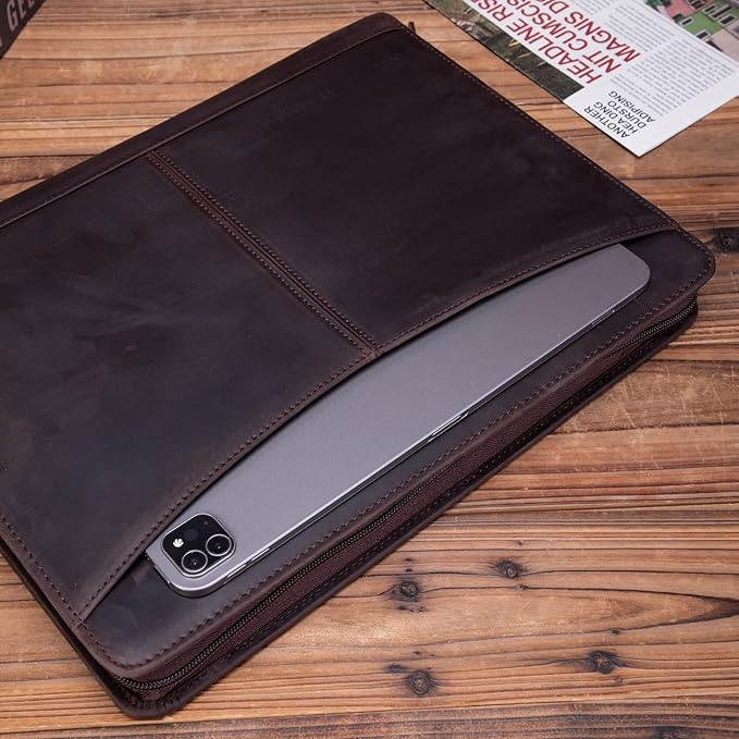 Handmade Crazy-Horse Leather Padfolio Portfolio, Easy to Carry with A Zippered Closure, Business Organizer Tablet Folio Folder with Letter Size Notepad, Gift for Women & Men (Dark Brown, Custom)