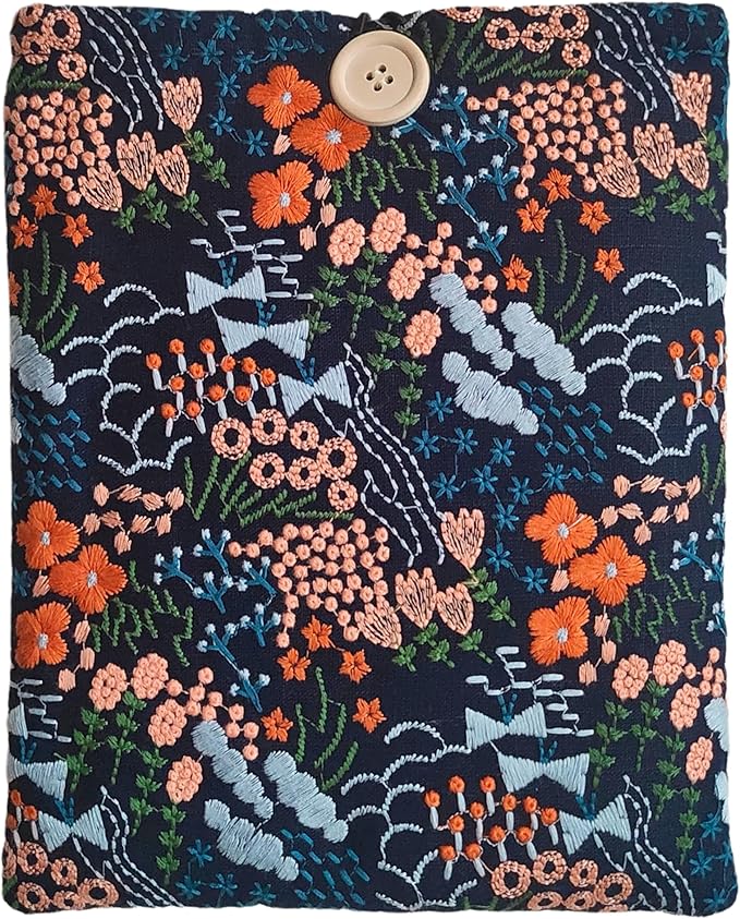 Floral Embroidered Canvas Book Sleeve - Elegant Book Cover, Padded Protector for Paperbacks & Hardcovers, Ideal for Book Lovers, Wooden Button (Meadow, Blue, Large)