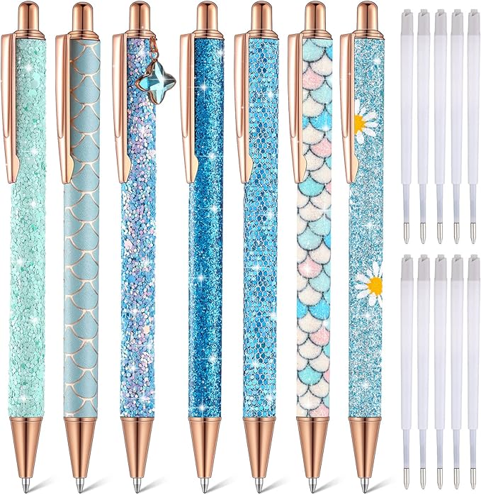 Sherr 7 Pcs Fancy Pens for Women Cute Sparkly Glitter Pens with 10 Pcs Black Ink Refills Pretty Gifts for Girls Office School Christmas Graduation(Blue,Plain)