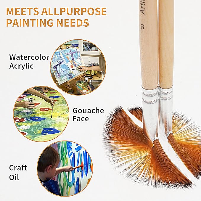 Prasacco 5 Pieces Fan Brush for Painting, Oil Acrylic Paint Brushes Artist Fan Brushes Nylon Hair Long Wood Handle Painting Brush for Acrylic Watercolor Oil Gouche Painting(1#, 3#, 5#, 7#, 9#)