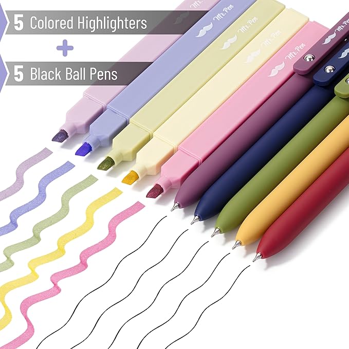 Mr. Pen- Aesthetic Highlighters and Gel Pens, 10 Pack, Vintage Color Bible Highlighters No Bleed, Black Ink Gel Pens, Highlighter Pens, No Bleed Highlighters for Bibles, Gel Pens