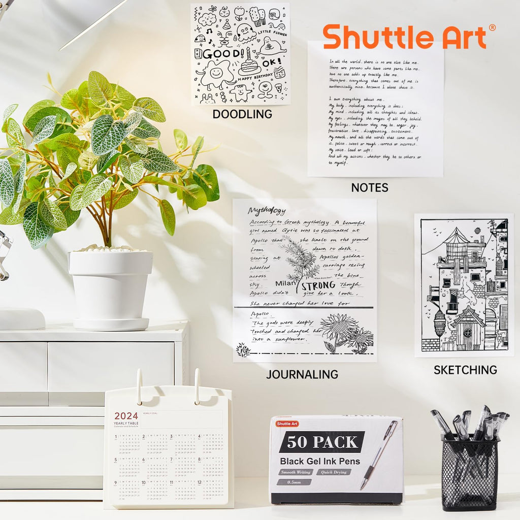 Shuttle Art Black Gel Pens, 50 Pack Fine Point Black Ink Pens Bulk, 0.5mm Rollerball Gel Ink Pens Smooth Writing with Comfortable Grip for Office, School and Home