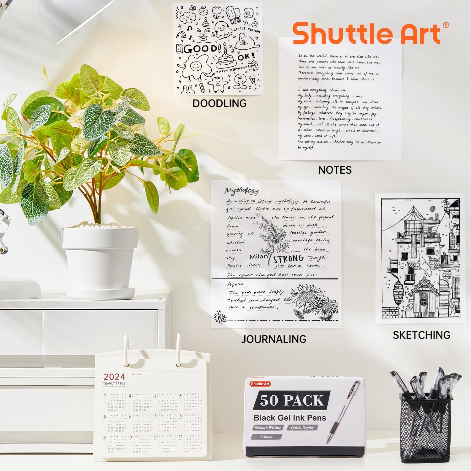 Shuttle Art Black Gel Pens, 50 Pack Fine Point Black Ink Pens Bulk, 0.5mm Rollerball Gel Ink Pens Smooth Writing with Comfortable Grip for Office, School and Home