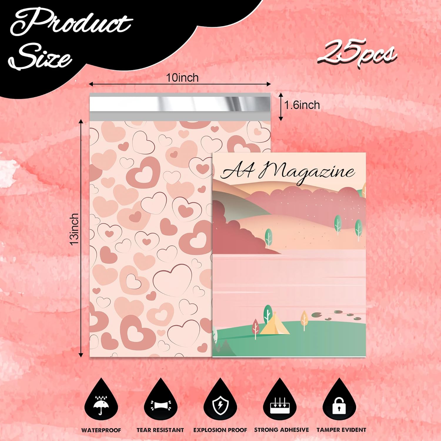 Pink Heart Poly Mailer 10x13 Inch 25 Pcs, Waterproof Shipping Bags for Clothing, Tear-Resistant Mailier Bags, Strong Mailing Bags with Self-Seal