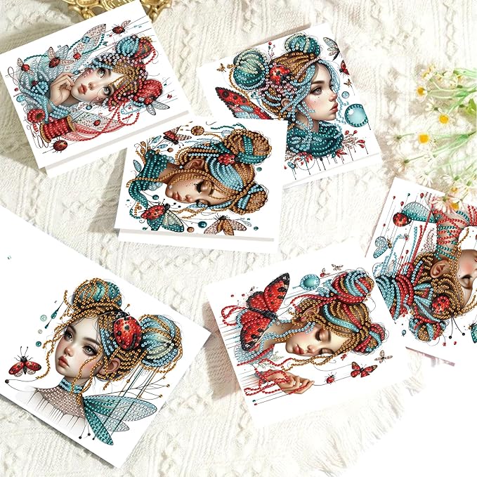 Tontut 6pcs Diamond Art Painting Kit Greeting Card, Temperament Butterfly Lady 5D DIY Diamond Handmade Holiday Sparkling Greeting Card with Envelope, Holiday Gift Congratulation