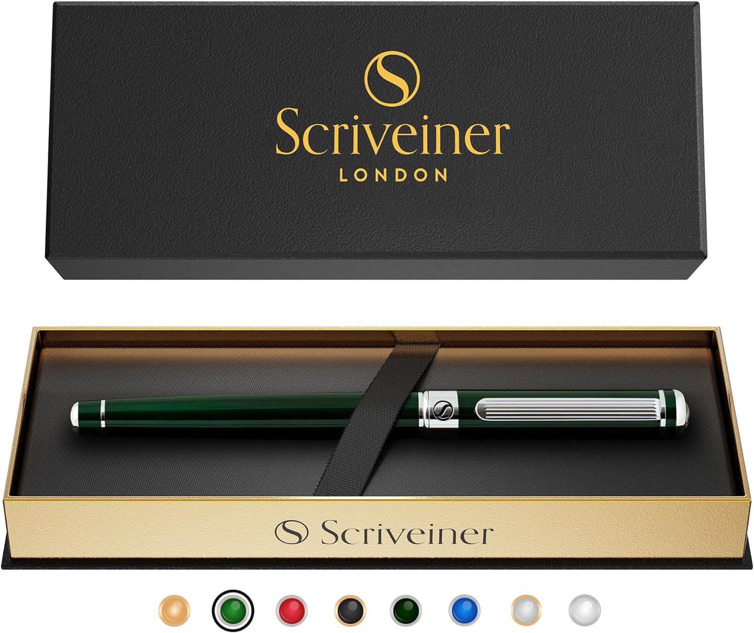 Scriveiner British Racing Green Rollerball - Stunning Luxury Pen With Chrome Finish, Schmidt Ink Refill, Best Roller Ball Pen Gift Set for Men & Women, Professional, Executive Office, Nice Pens