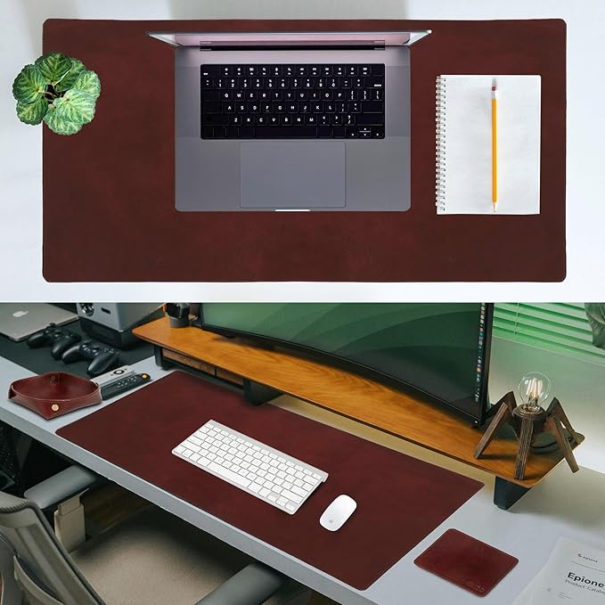 Elizo Leather Desk Mat Desk Pad Blotter Set - Real Full-Grain Leather (32x16) 2-Layer Genuine Desk Cover Protector & Large Mouse Pad | Computer Keyboard Desk Accessories for Office & Home Chestnut