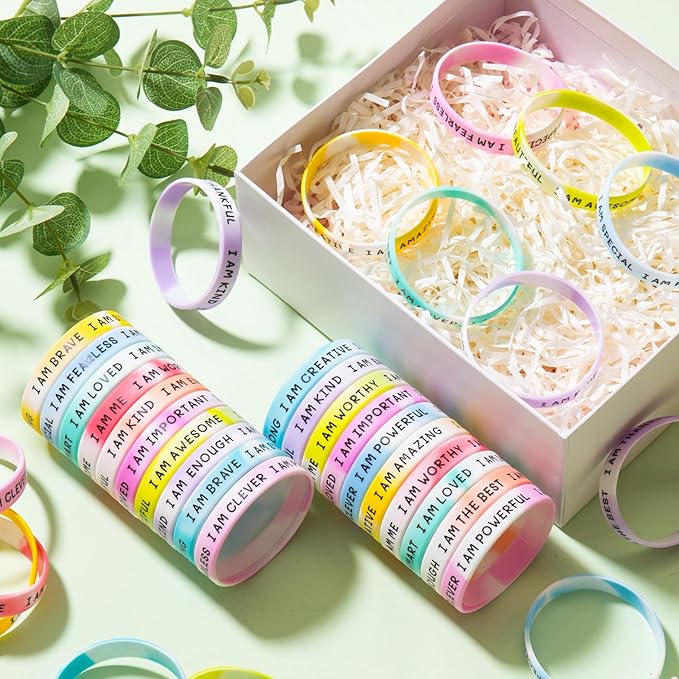 100 Pieces Students Inspirational Silicone Wristbands Motivational Quotes Rubber Bracelets for Kids Students Back to School Gifts (Swirl Colours)