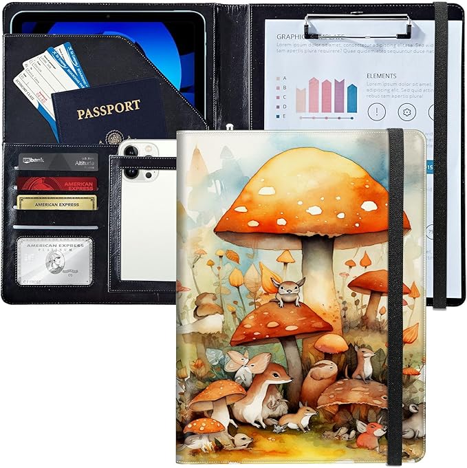 PU Leather Padfolio Folder Clipboard Portfolios Organizer Conference Document Organizer with Business Card Holder Storage Clipboard Writing Pad,Watercolor Mushroom