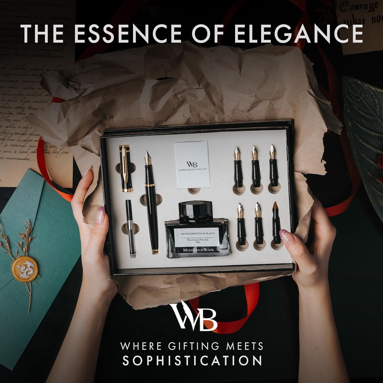 Wordsworth & Black Calligraphy Pen Gift Set, Includes Bottle, 6 Cartridges, Refill Converter, 6 Replacement Nibs, Premium Package, Journaling, Smooth Writing Pens [Black Gold]