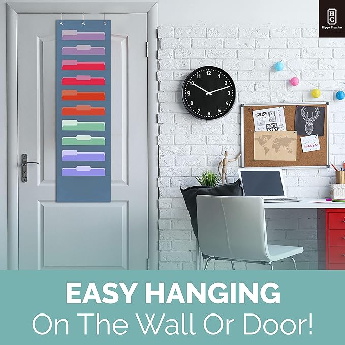 Hippo Creation Blue Pocket Chart for Classroom - 10 Pocket Storage Black Pocket Charts, 3 Over Door Hangers Included, Hanging Wall File Organizer for File Folders, School Mailbox, Home/Office Papers