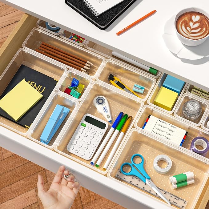 Drawer Organizers of 45 PCS Plastic Drawer Organizer Bins, 4 Sizes Versatile Bathroom Kitchen Office Organizers and Storage Containers for Makeup, Utensils, Stationery
