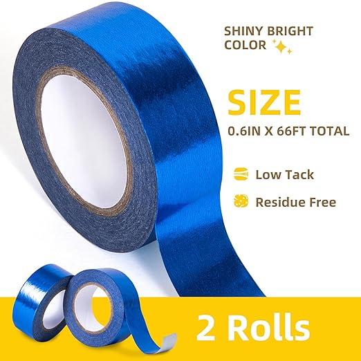 Solid Foil Washi Tape - Low Tack Self Adhesive Decorative Washi Tape Shiny Metallic Color - 3/5 Inch Wide and 66 FT Long Total, Blue