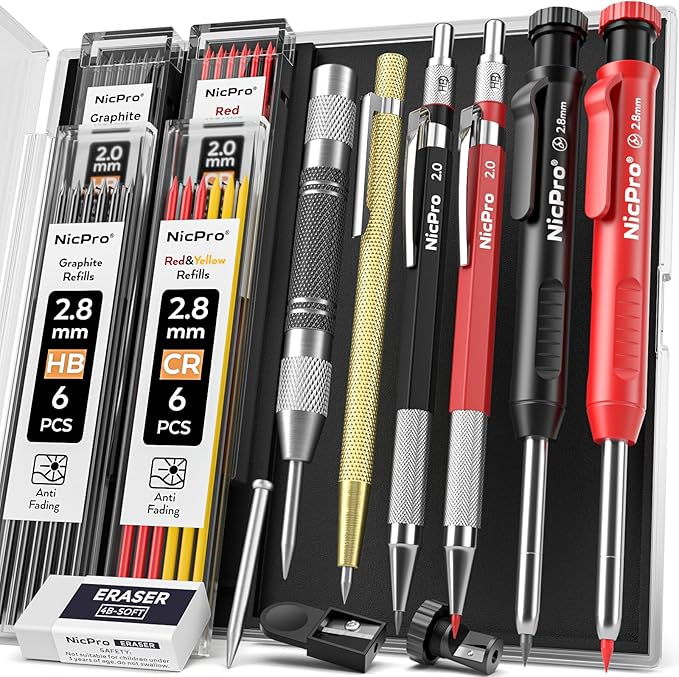 Nicpro 15 Pack Carpenter Pencil Set with Sharpener, Mechanical Carpenter Pencils with 40 Refill, Automatic Center Punch and Carbide Scribe Tool, Heavy Duty Construction Pencil for Architect-With Case