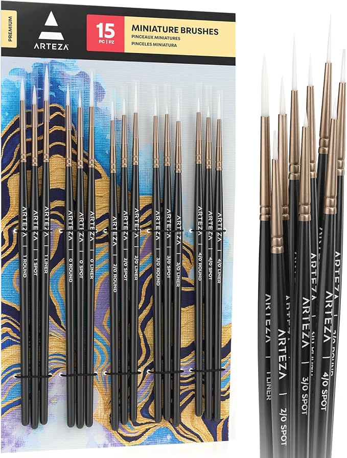ARTEZA Detail Paint Brushes, Set of 15, Fine Detail Brush Set for Miniature Models and Canvases