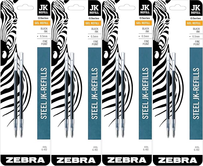 Zebra G-402 Stainless Steel Pen JK-Refill, Fine Point, 0.5mm, Black Ink, 8-Count
