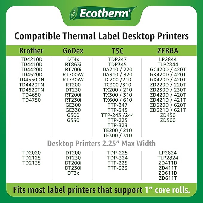 4" x 2.5" Thermal Labels | 4 Rolls | 2400 Labels | fits Zebra, Munbyn, Rollo, Godex, Arkscan, iDPRT, Offnova Thermal Label Printers and More | Blank White Adhesive Stickers by Ecotherm