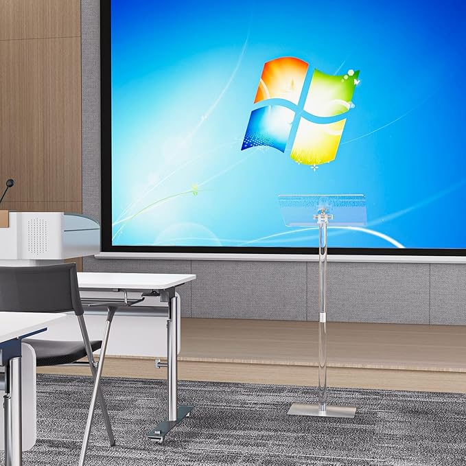 HMYHUM Small Acrylic Podium Stand, Angle Adjustable, 17.7" L x 13" W x 42.3" H, Modern Lecterns & Pulpits for Classroom, Concert, Church, Speech, Easy Assembly, Metal Base, Clear