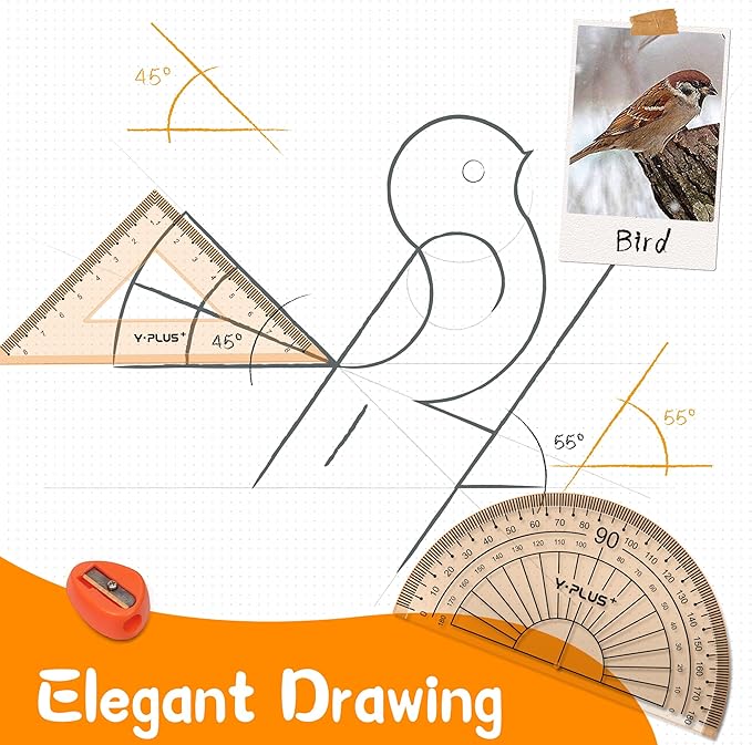 YPLUS Geometry Set for Students, Math Protractor Compass with Rulers, Box of Protactor Kit for Class Supplies and School, Christmas Stocking Stuffers for Kids Toddler 11 Pcs