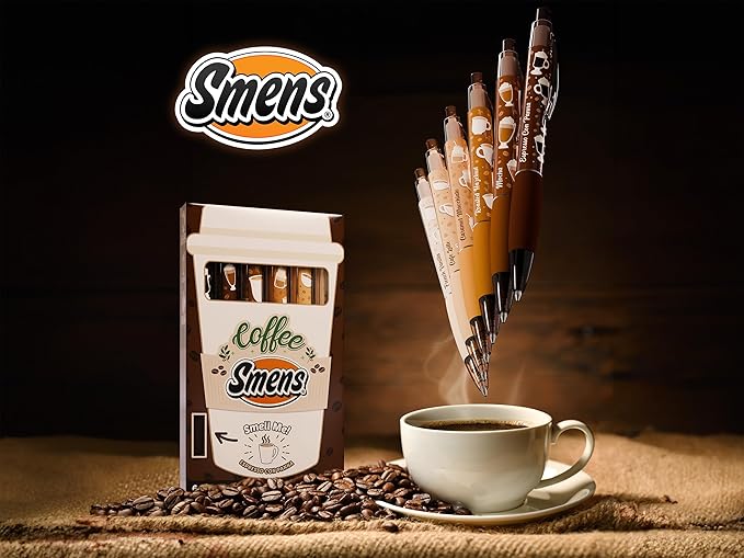 Coffee Smens - Gourmet Coffee-Scented Gel Pens, Black Ink, Medium Point, 6Pack Variety Set