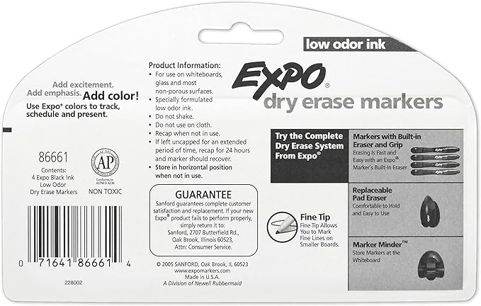 EXPO Low Odor Dry Erase Markers, Fine Tip, Black, 4 Count