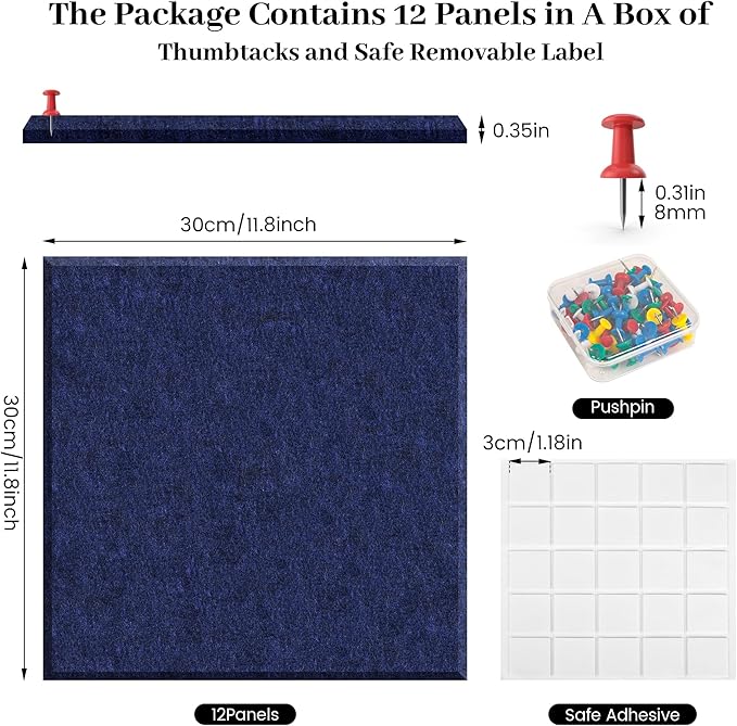 Large Cork Board for Office Dark Blue Felt Board Alternative-12 Pack Felt Wall Tiles for Office Wall Decor,Felt Bulletin Board Tiles,Push pin Board Wall Organizer for Office