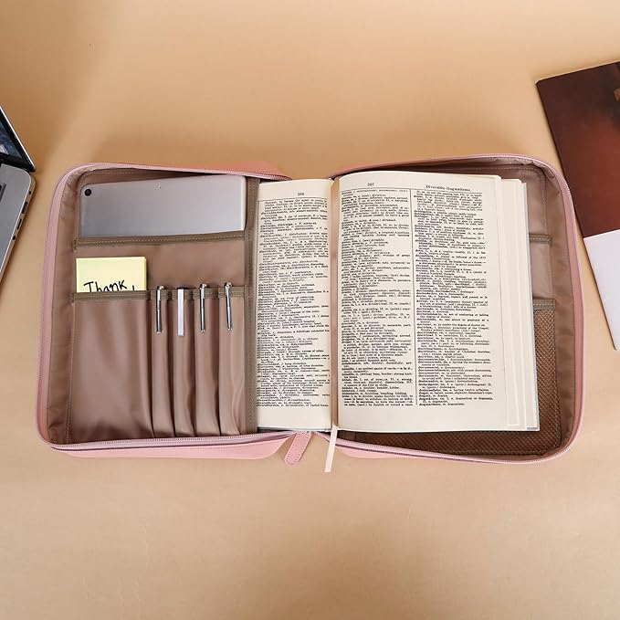 Polare Full Grain Napa Cowhide Leather Bible Cover Church Bag Bible Protective Book Holder Carrying Case Folder Organizer Portfolio for Women (Pink)