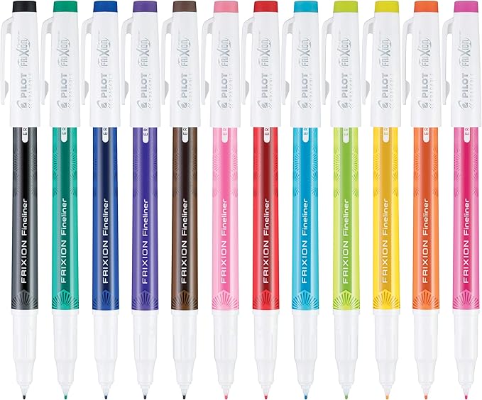 Pilot, FriXion Fineliner Erasable Marker Pens, Fine Point 0.7 mm, Pack of 12, Assorted Colors