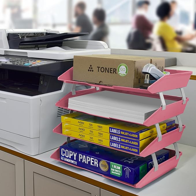 Acrimet 4 Tier Side Load Letter Tray Facility, Desktop File Organizer, A4 Letter Size Paper Organizer, Minimalist Storage Solution Paper Tray for Office, Home, Classroom (Plastic, Solid Pink Color)