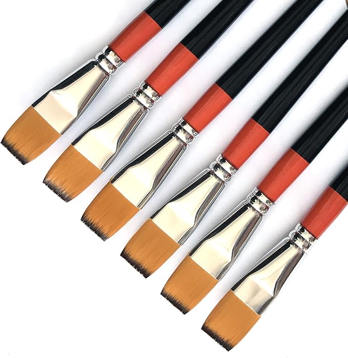 3/4 Inch Flat Bright Paint Brush, Pack of 6, Premium Quality Synthetic Sable Hair for Acrylic Watercolor Oil Gouache Painting by Students, Professionals and Artists