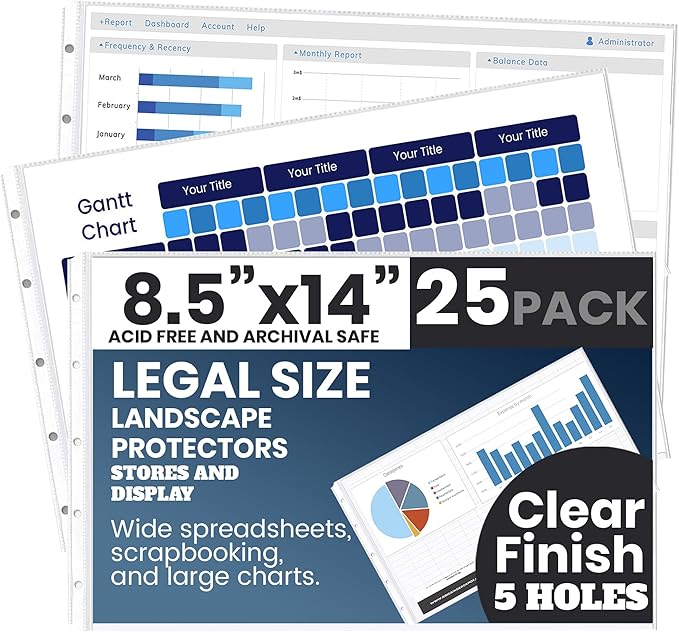 PERFORMORE 25 Pack of 8.5” x 14” Heavyweight Landscape Sheet Protectors, Legal Paper Sleeves, Clear Archival Quality, Horizontal Legal Size Clear Sheet Protectors for Binders Documents