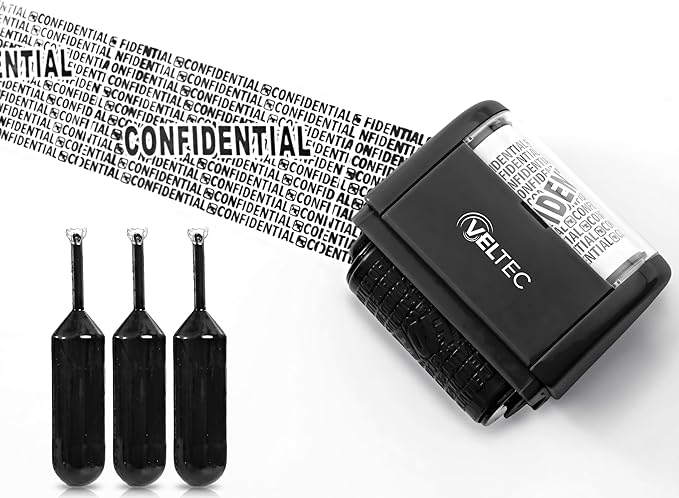 Veltec ID Protector Ink Roller - Identity Theft Protection Roller Stamp Set (Black, Stamp+3 Refills)