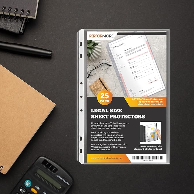 Performore 25 Pack of 8.5x14 Legal Size Heavyweight Long Clear Sheet Protectors, Plastic Legal Paper Sleeves, Clear Archival Quality for Binders Documents