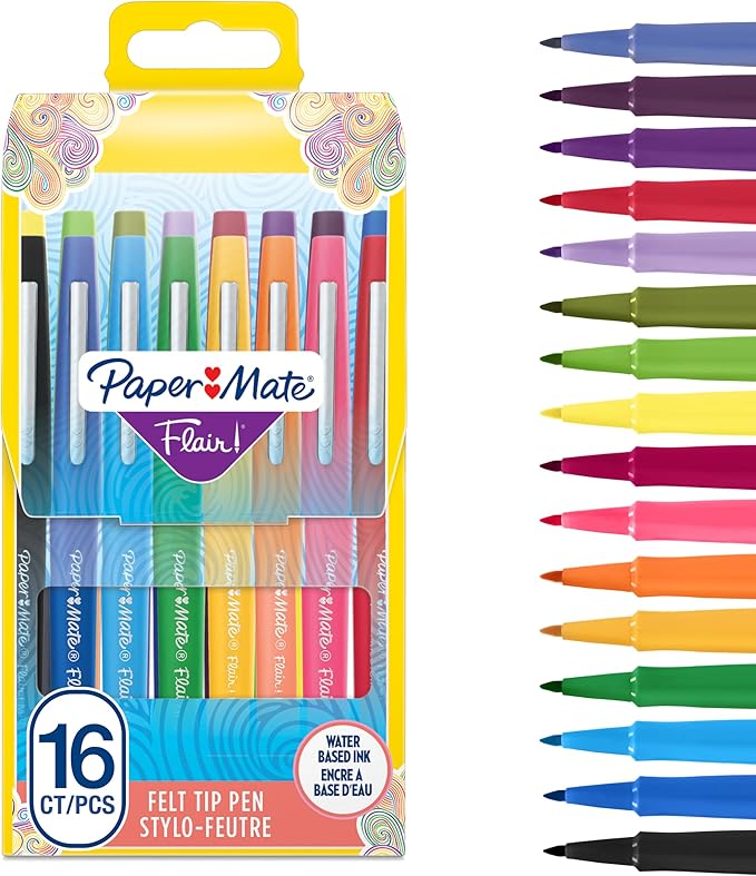Paper Mate Flair Felt Tip Pens | Medium Tip (0.7 mm) | Assorted Colours | 16 Count Pouch