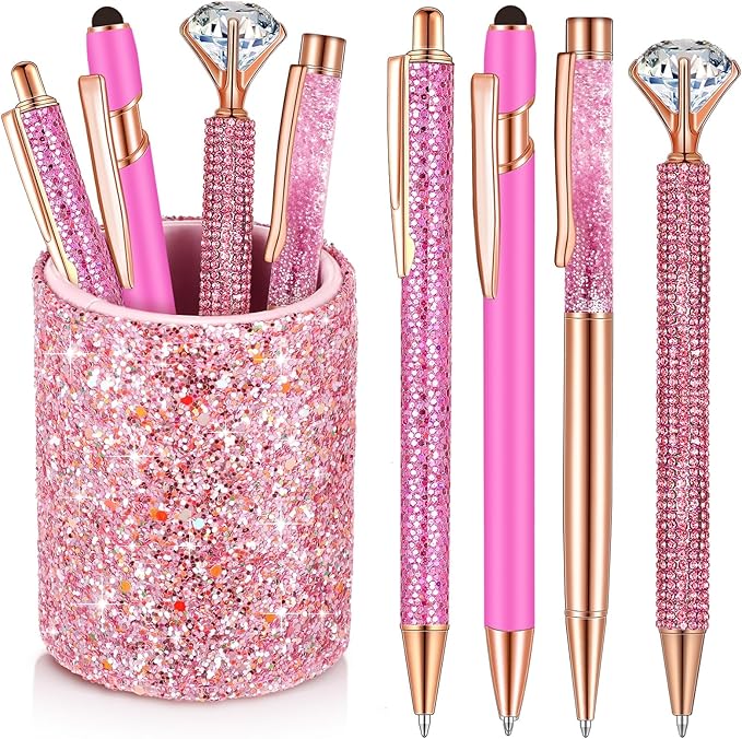 Sabary 8 Pcs Ballpoint Pens with Pen Holder for Desk Glitter Crystal Diamond Fancy Pencil Holder Bling Desk Organizer Cute Stationery Supplies for Women Girls Wedding Office School Gifts(Shiny Pink)
