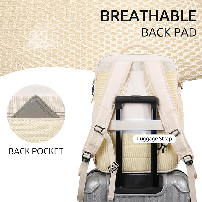 Travel Backpack for Women, Carry On Backpack for Airplanes Flight Approved, Waterproof Large Weekender Overnight Bag Fit 17 Inch Laptop with USB Charging Port, Beige