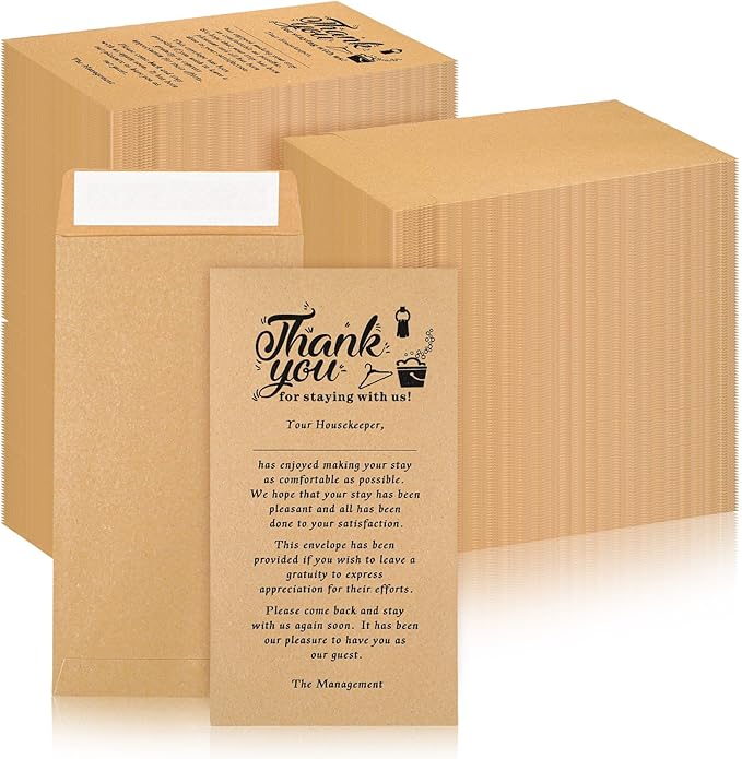 Eersida 500 Pcs Kraft Housekeeping Tip Envelopes Bulk Thank You Envelopes 3.5 x 6.5 Inch Self Adhesive Kraft Paper Seed Envelopes for Cash Coin Money Gratuity Key Cards Saving Hotel Motel